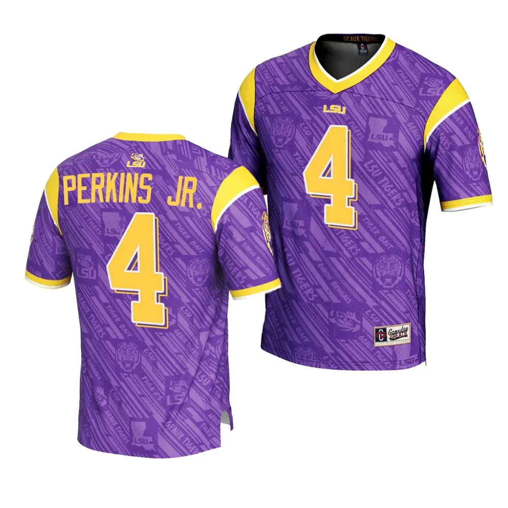 Men's LSU Tigers Harold Perkins Jr. #4 Purple Highlight Print Fashion NCAA Football Jersey